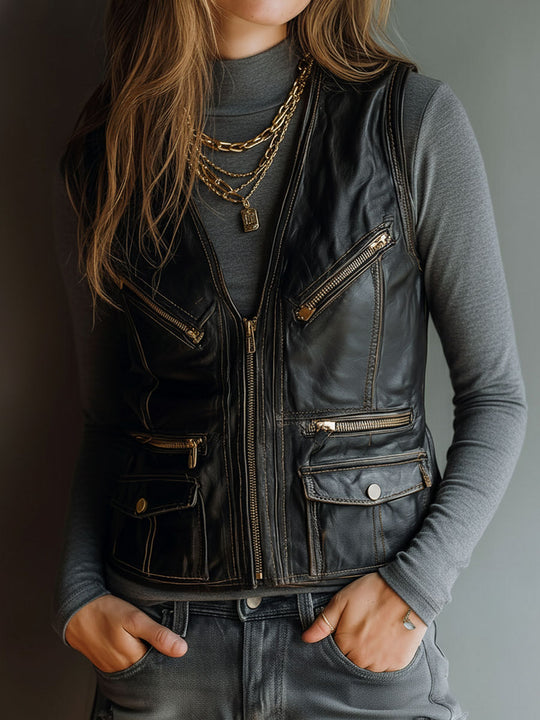 Timeless Rock-Chic Black Leather Utility Vest