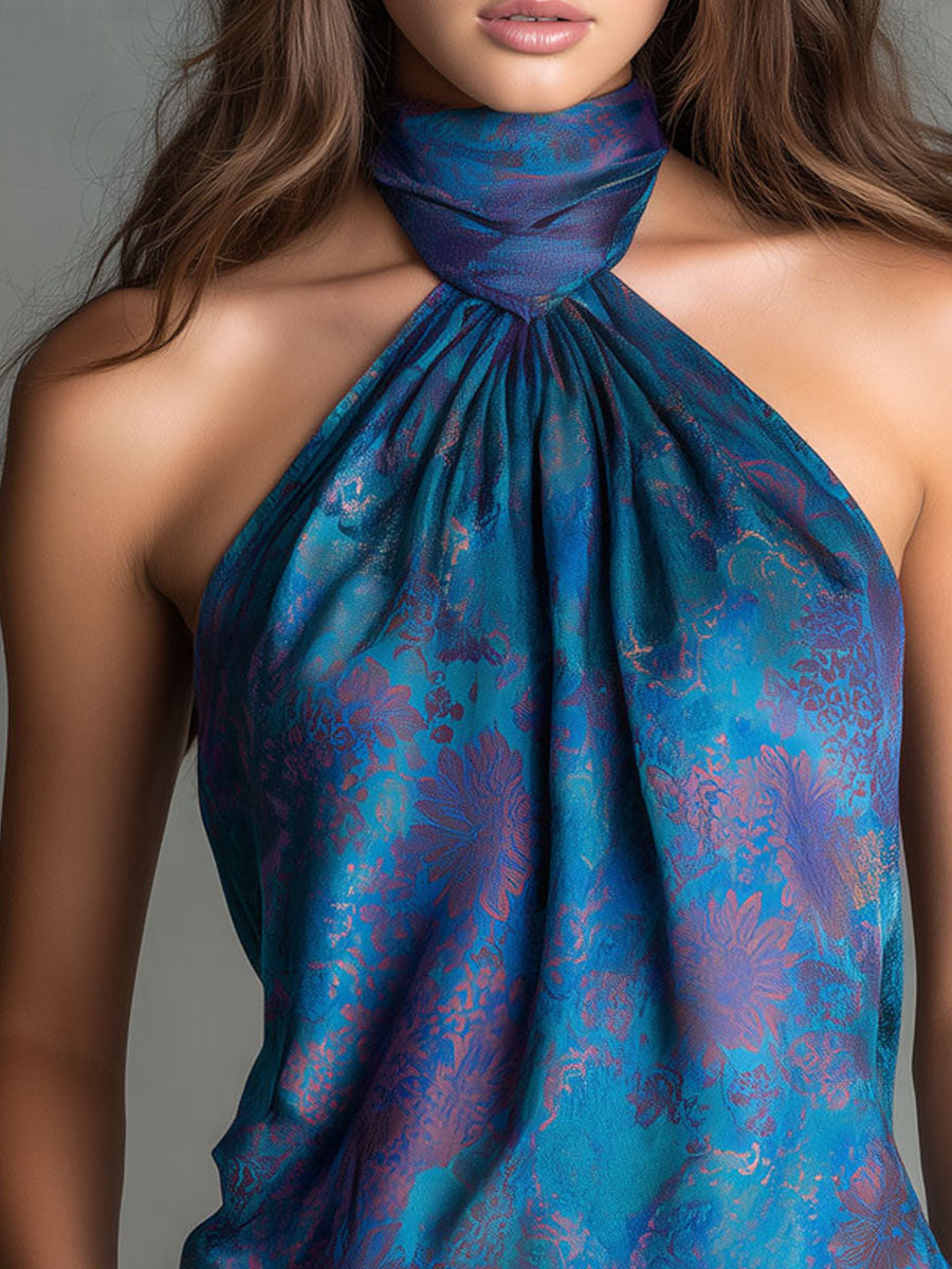 Retro High-Neck Floral Print Teal Satin Halter Scarf  Blouse