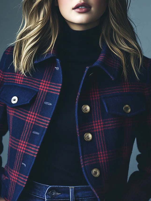 Chic Lapel Check Pattern Pockets With Flap Woolen Jacket