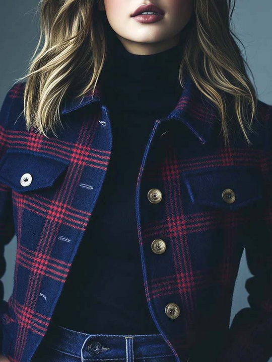 Chic Lapel Check Pattern Pockets With Flap Woolen Jacket