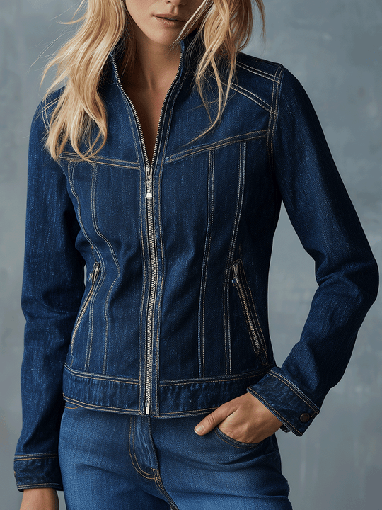 Chic Everyday Structured Zip-Up Denim Jacket