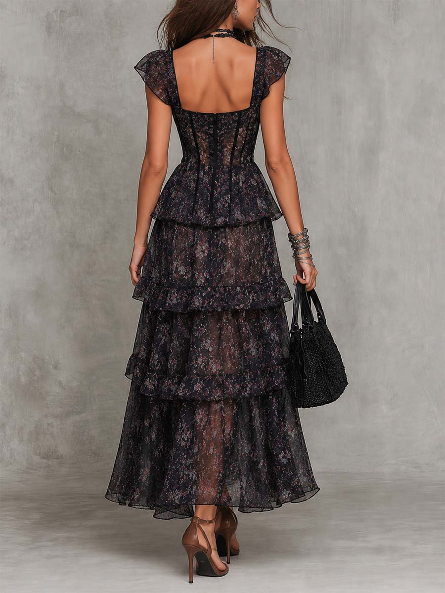 Gothic Floral Corset Tiered Chiffon Midi Dress