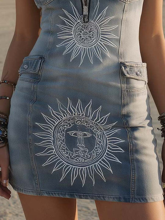 Boho Desert Sun Pure-Cotton Denim Halter Mini Dress