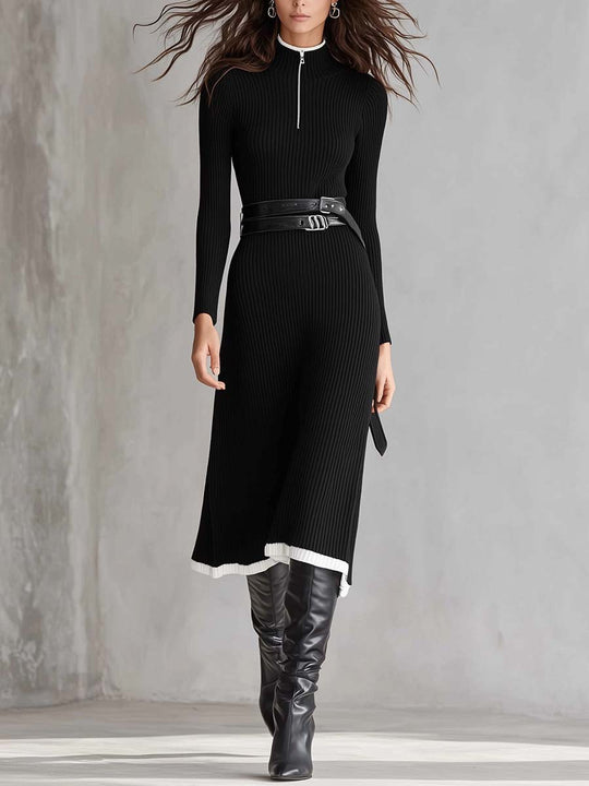 Black Contrast-Trim Ribbed Half-Zip Midi Dress