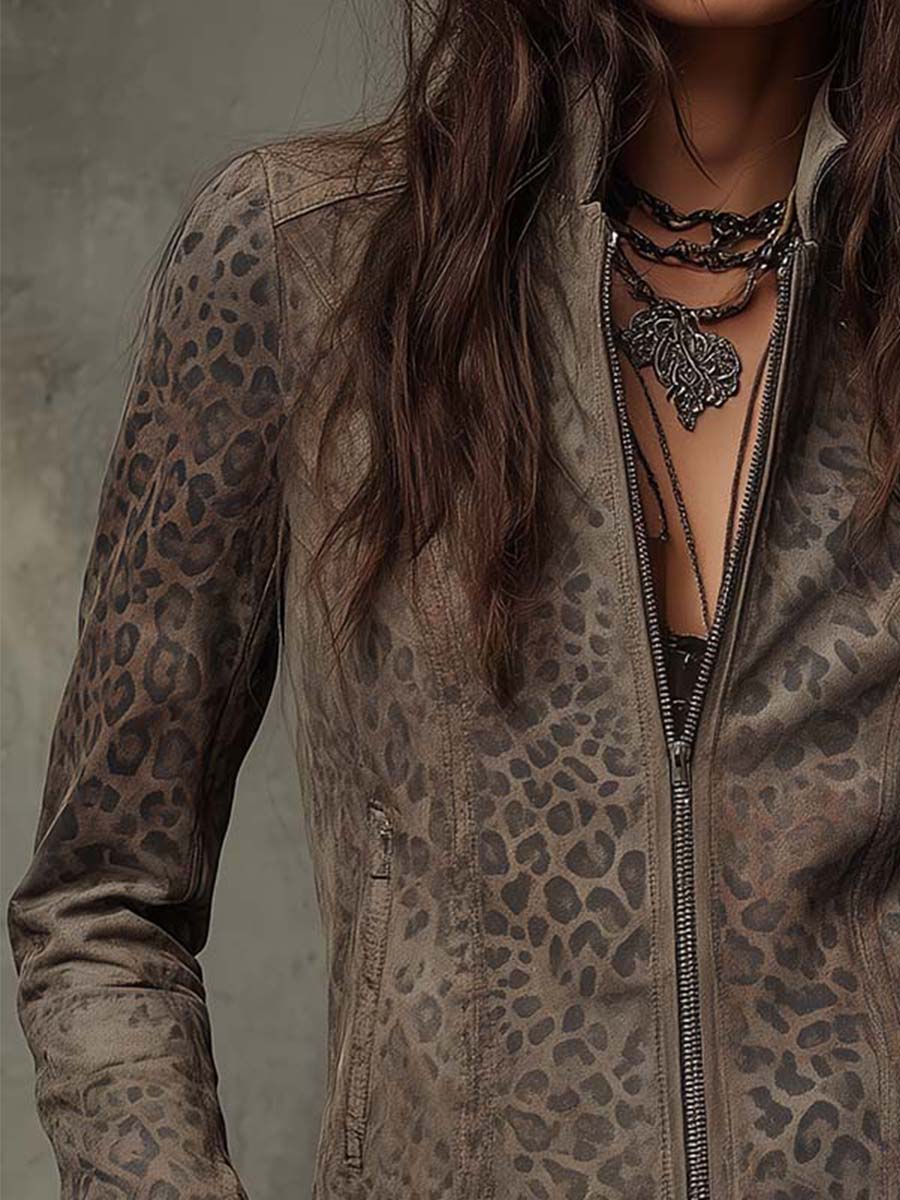 Vintage Leopard-Print Eco-Suede Jacket