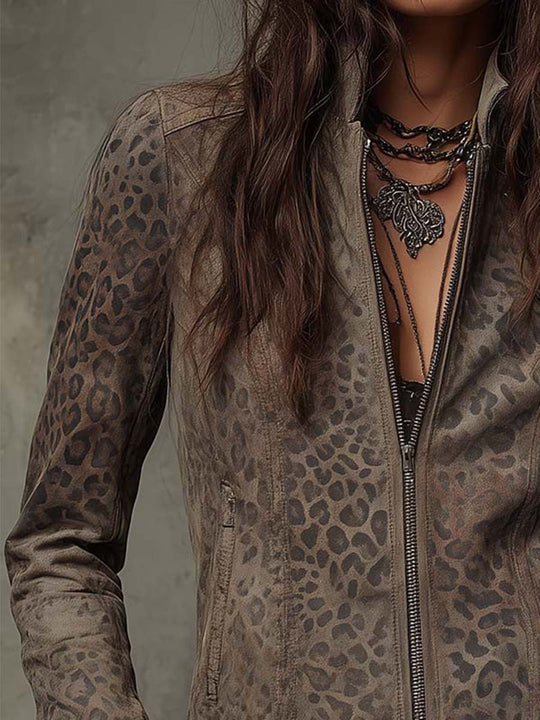 Vintage Leopard-Print Eco-Suede Jacket