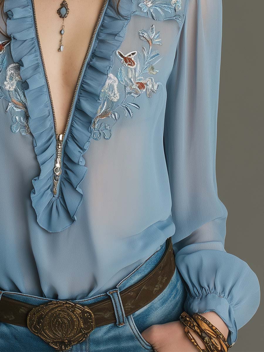 Embroidered Ruffled Zip-Front Chiffon Blouse – Mist Blue