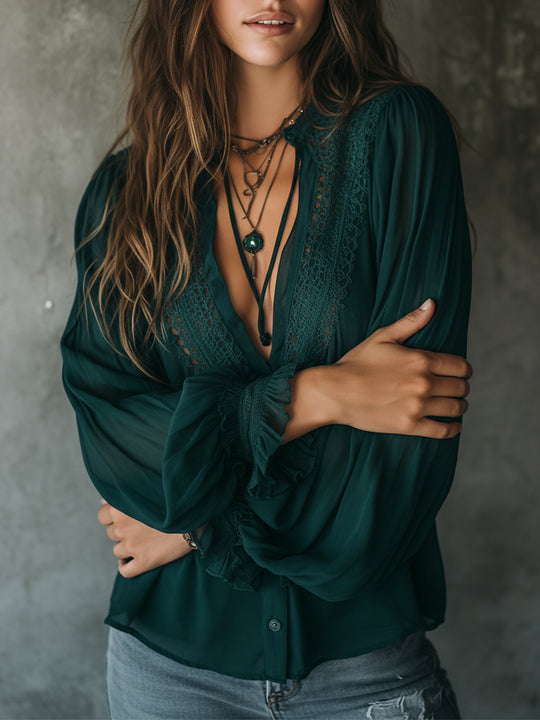 Quiet Luxury Chiffon Lace Splicing Tie Neckline Blouse