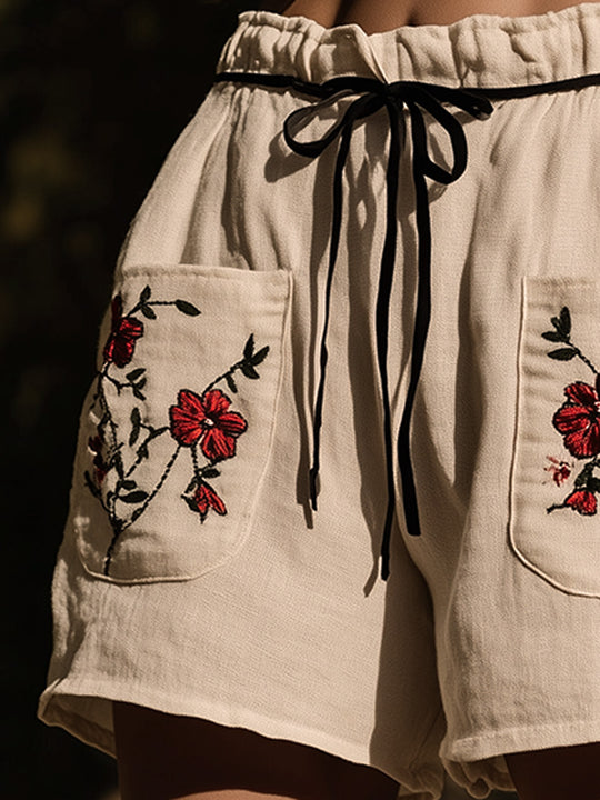 Bohemian Floral Embroidered Pocket Linen Shorts