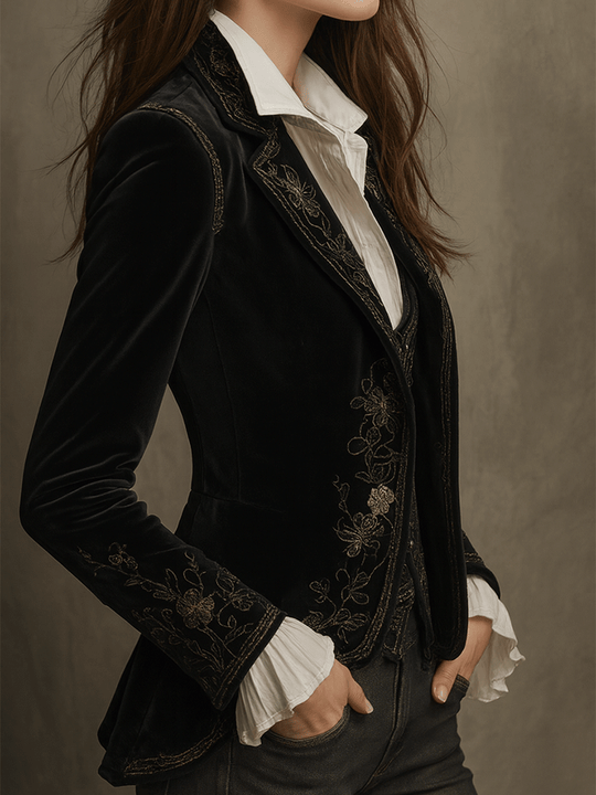 Elegant Black Velvet Embroidered Blazer