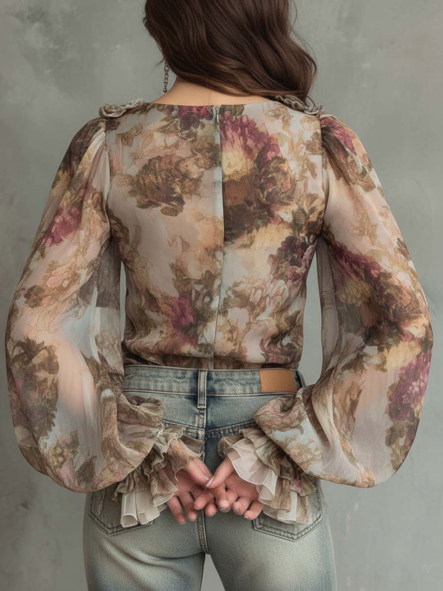 Boho Vintage Floral Tie-Front Chiffon Blouse