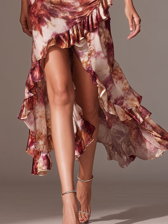 Asymmetric Hem Ruffled Tie-Dye Satin Slip Dress