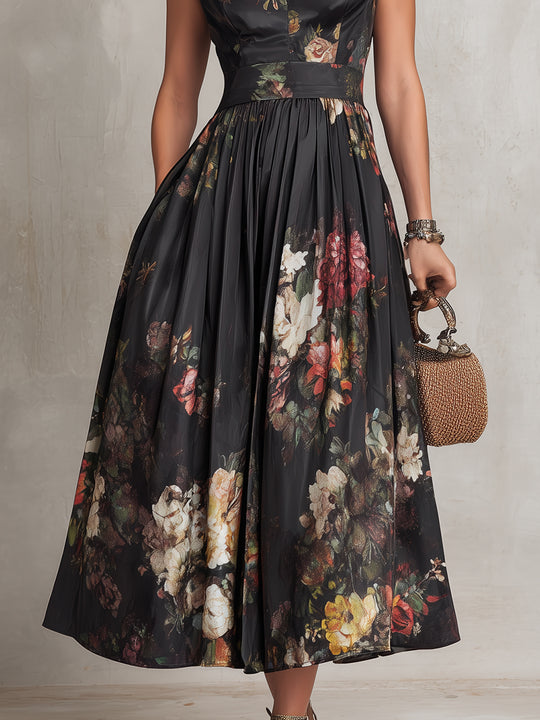 Elegant Keyhole Collar Pleated Satin Midi Dress