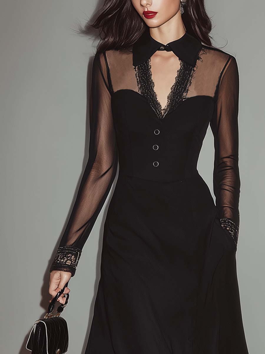Retro Sheer Sleeves Lace Neck Midi Dress
