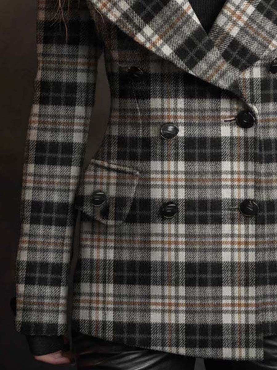 Classic Black And White Plaid Textured Double-Breasted Blazer