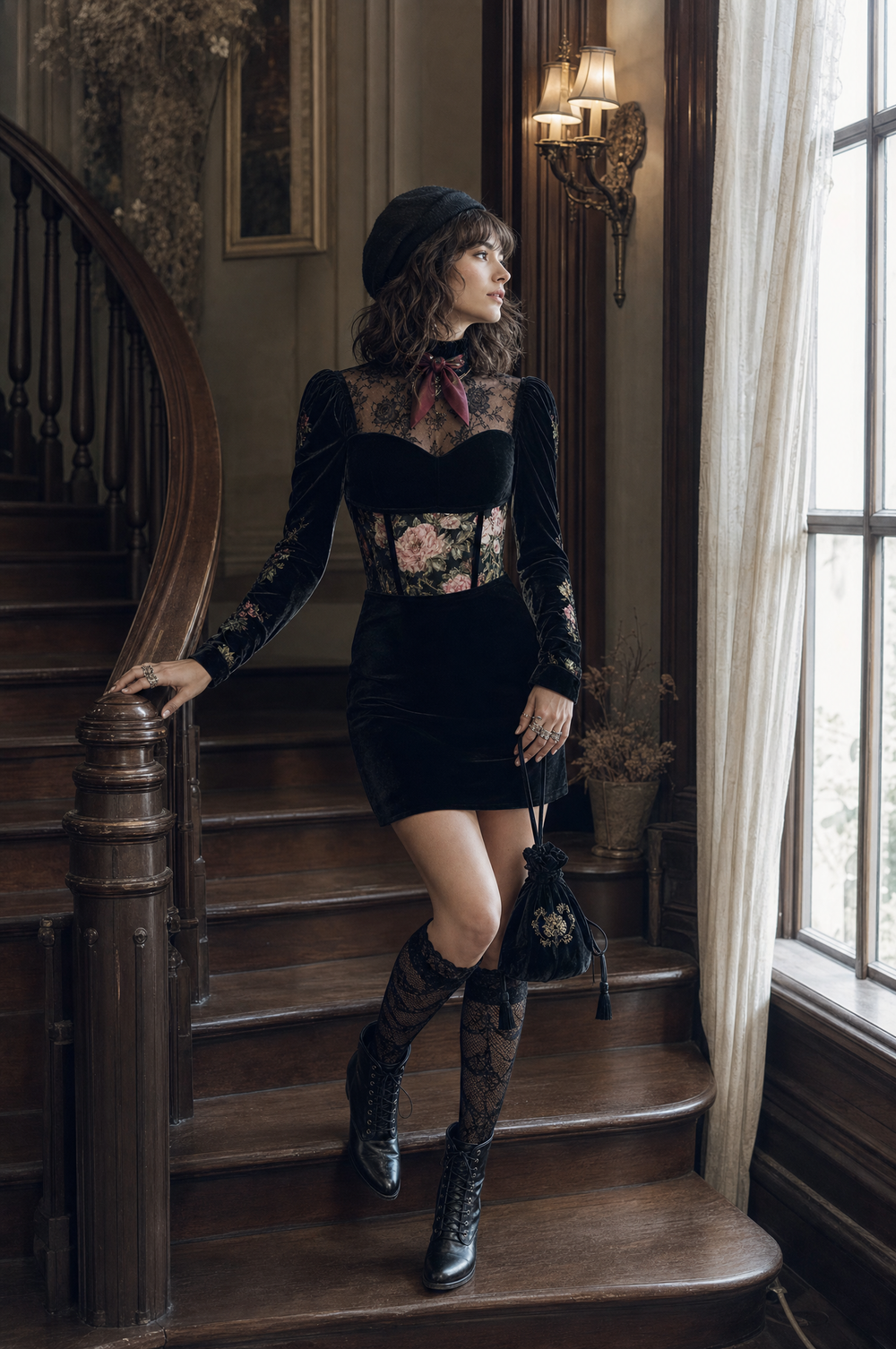 Elegant Sweetheart Neckline Lace Trim Velvet Mini Dress With Floral Print