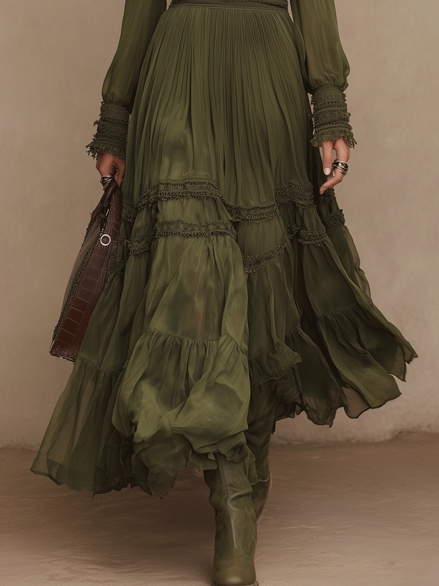 Bohemian Olive Pleated Flowing Tiers Maxi Dress