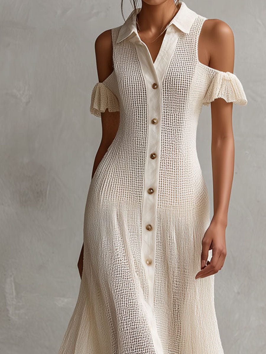 Quiet Luxury Ivory Cold-Shoulder Button-Front Midi Dress