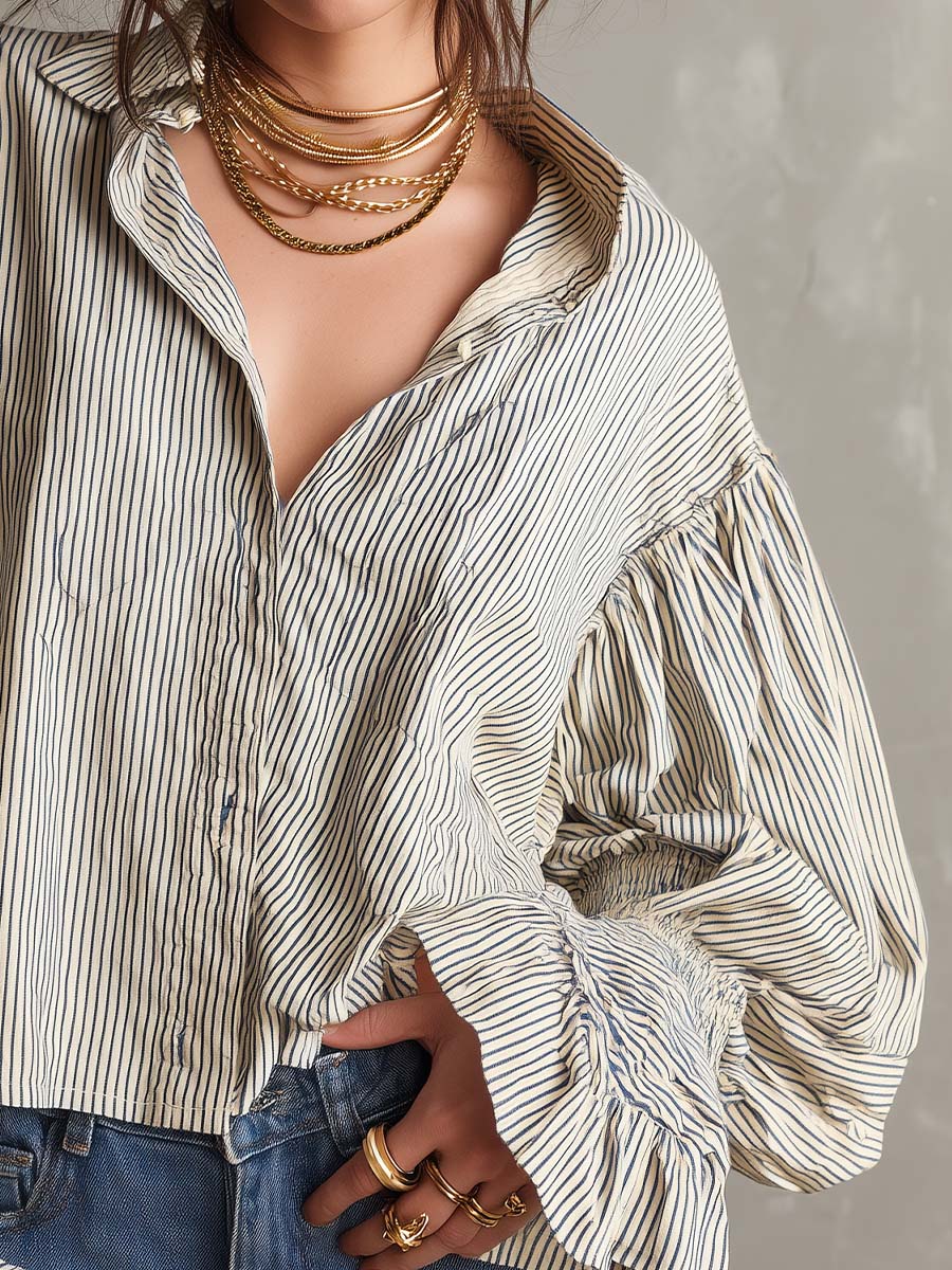 Vintage Boho Cotton Striped Puff Sleeve Shirt