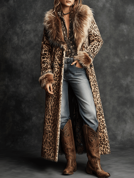 Vintage Boho Leopard  Faux Fur Longline Coat