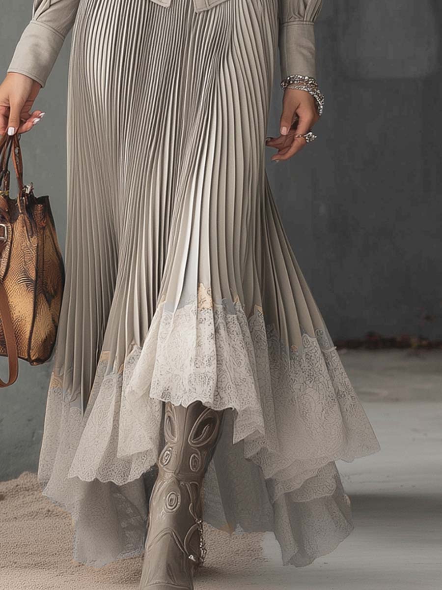 Retro Pleated Lace Hem Shirt And Skirt Two-piece Set