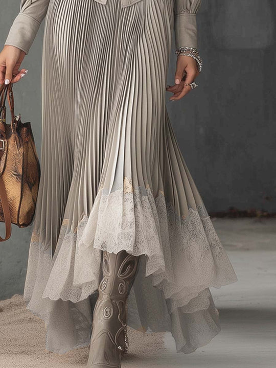 Retro Pleated Lace Hem Shirt And Skirt Two-piece Set