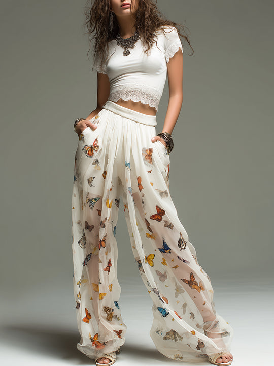 Bohemian Butterfly Print Chiffon Wide-leg Pants
