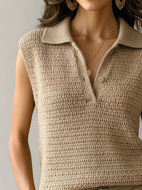 Boho Beige Knit Sleeveless Collared Top & Drawstring Shorts Set