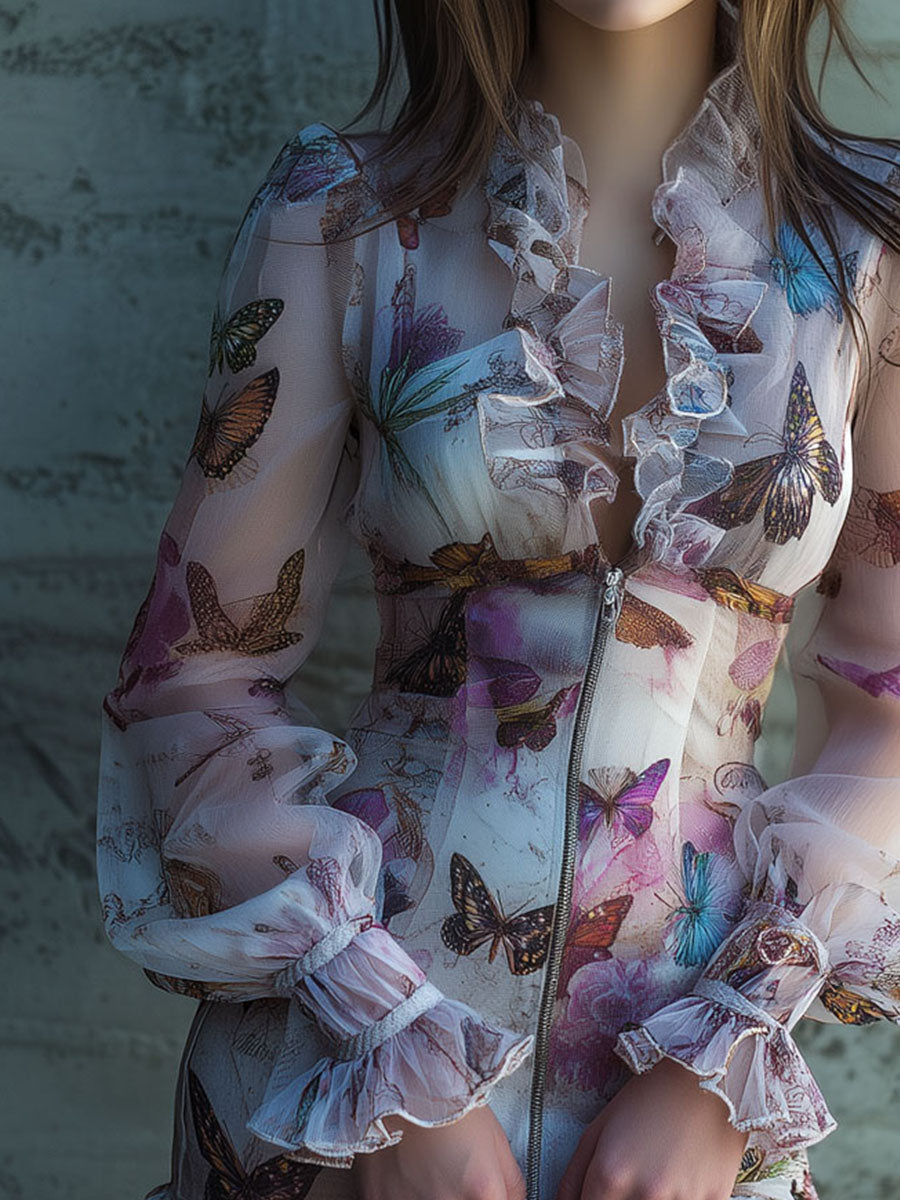 Chic Boho Zip Front Sheer Butterfly Print Ruffle Mini Dress