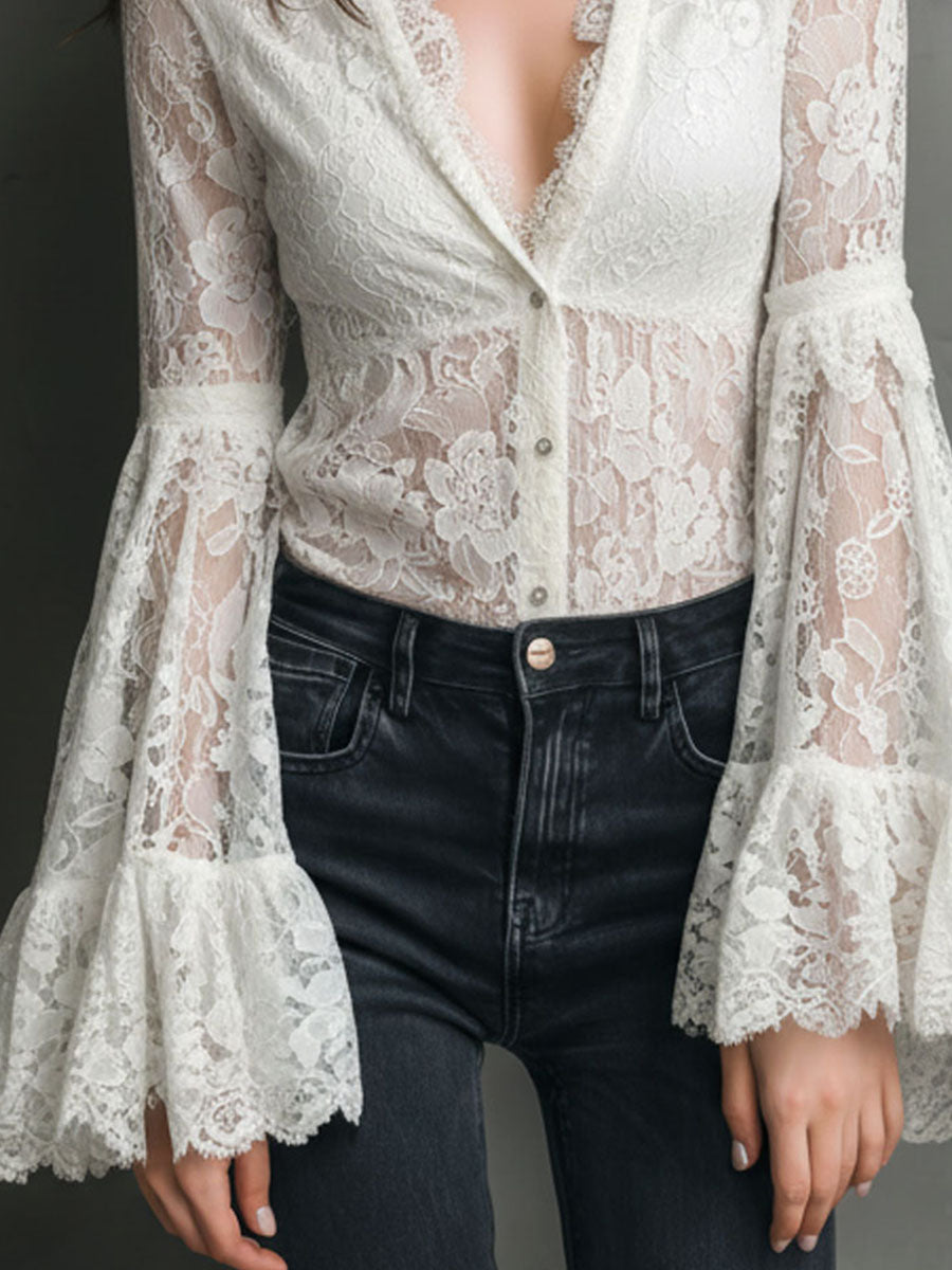 Ivory Lace Bell Sleeve Blouse – Vintage Romance With Modern Elegance
