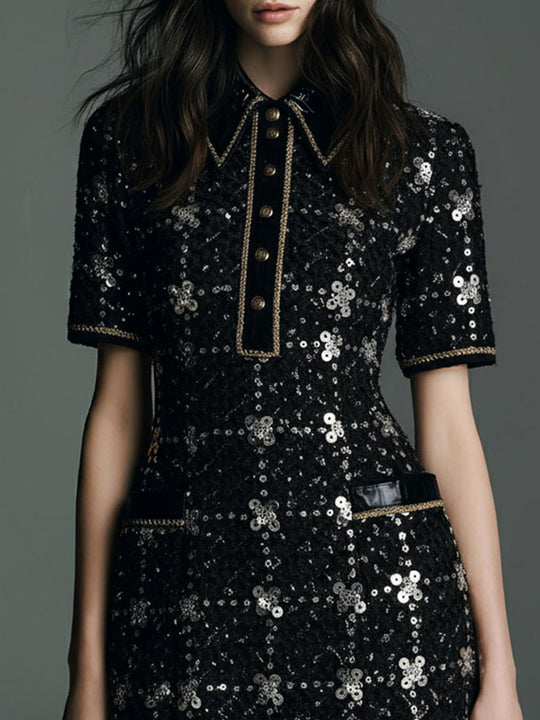Retro Glamour Luxe Black Sequin Tweed Mini Dress