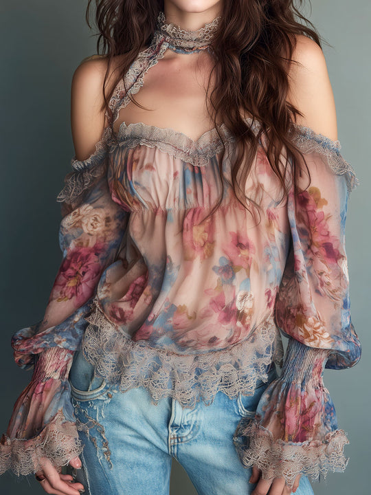 Romantic Off Shoulder Floral Chiffon Blouse With Lace Trim
