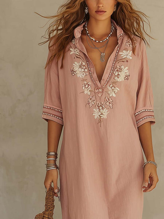 Retro Floral Embroidered Cotton And Linen Midi Dress