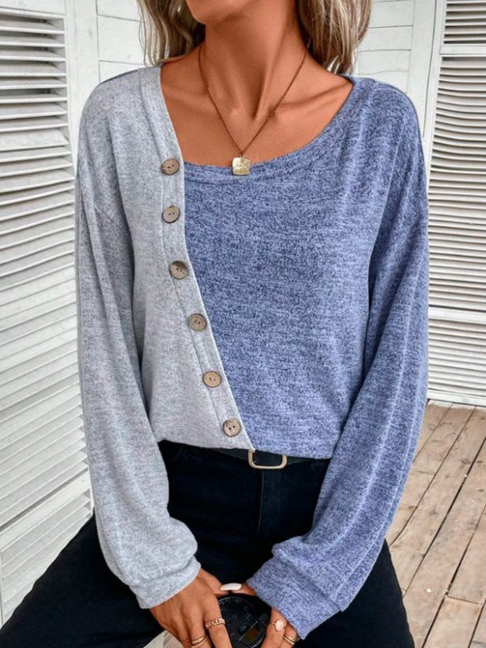 Chic Asymmetrical Color-Block Long-Sleeve Knit Top