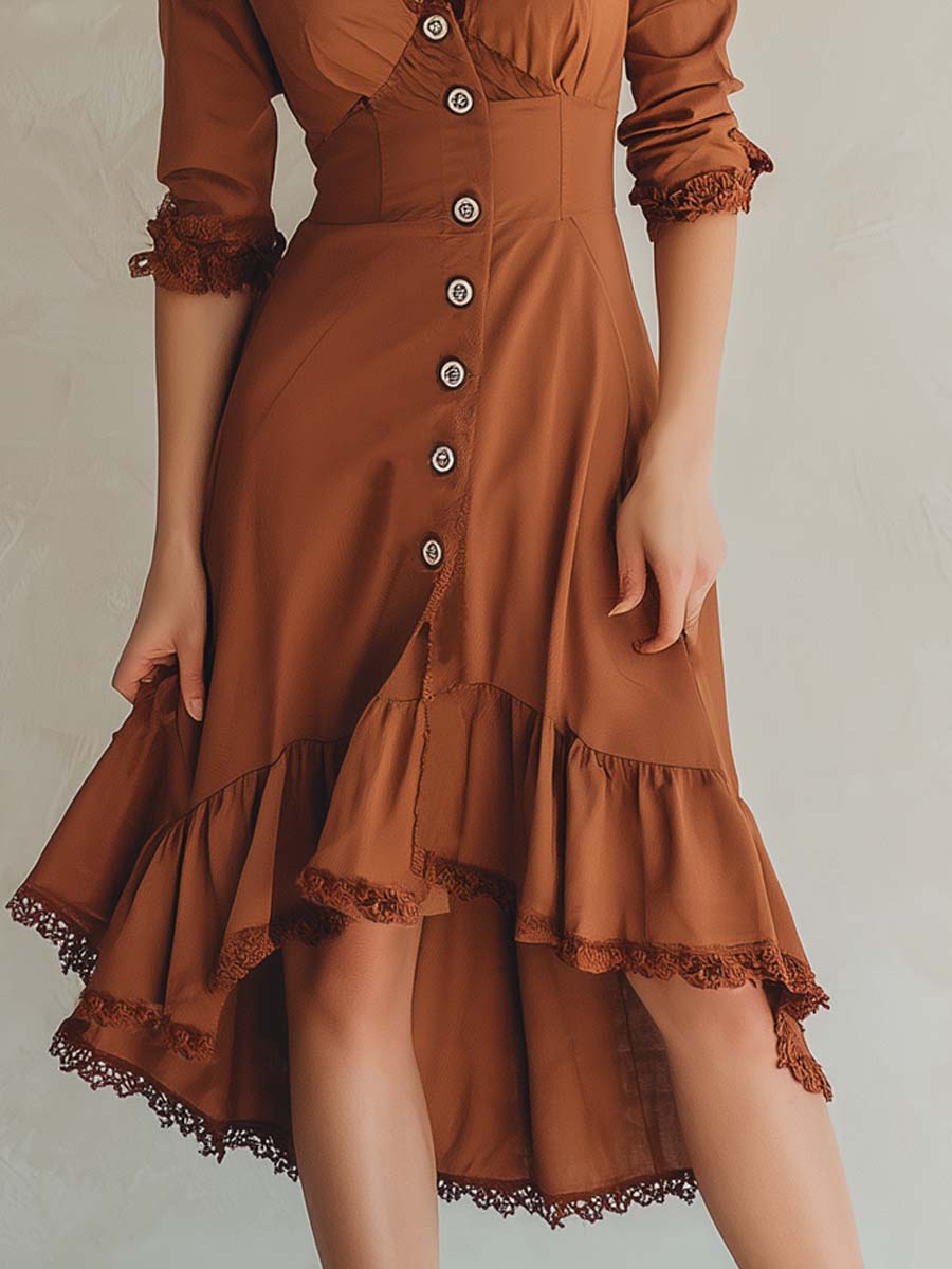 Retro Court Style Lace-trimmed Ruffle Hem Midi Dress