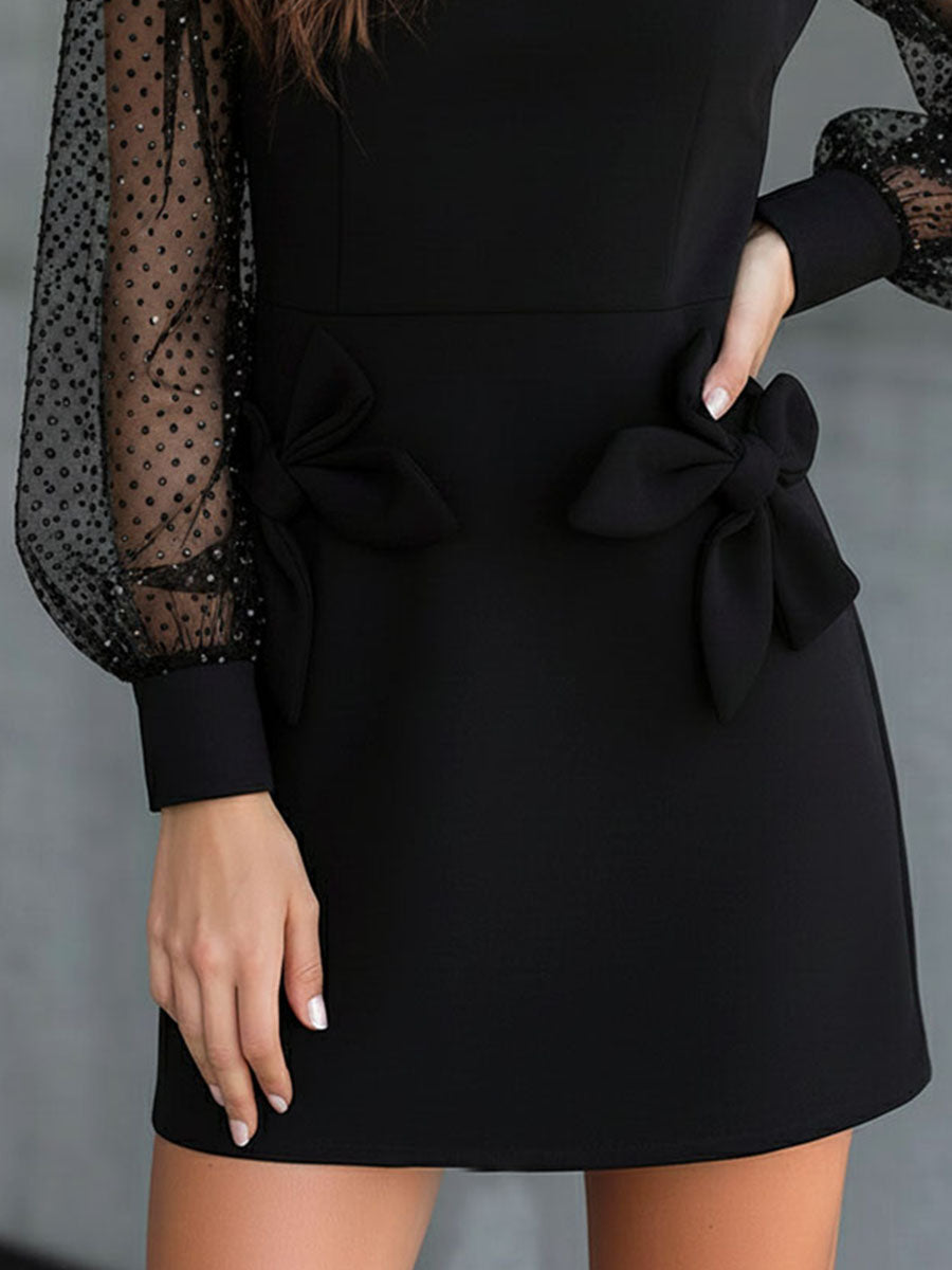 Elegant Black Mini Dress With Sheer Polka-Dot Sleeves & Bow