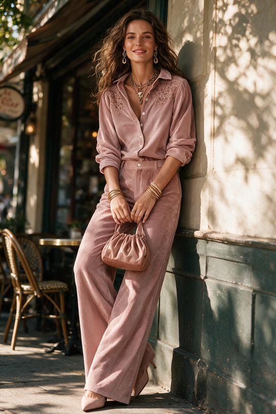 Boho Corduroy Lace-Trim Shirt & Wide-Leg Pants Set