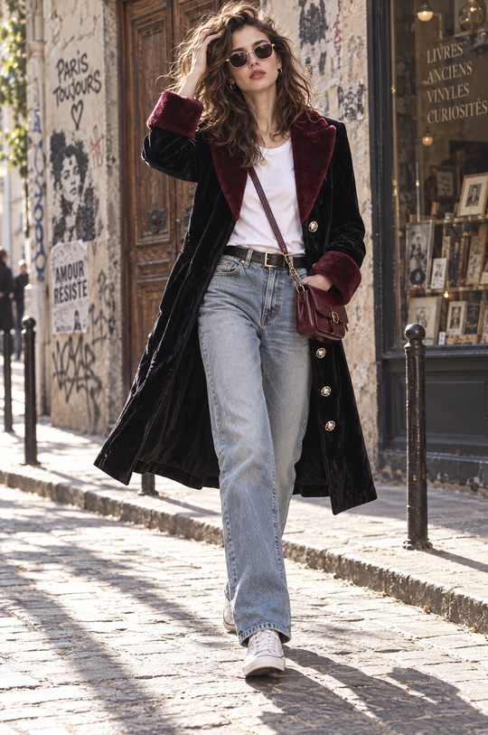 Quiet Luxury Vintage Button-accented Velvet Coat With A Plush Lapel
