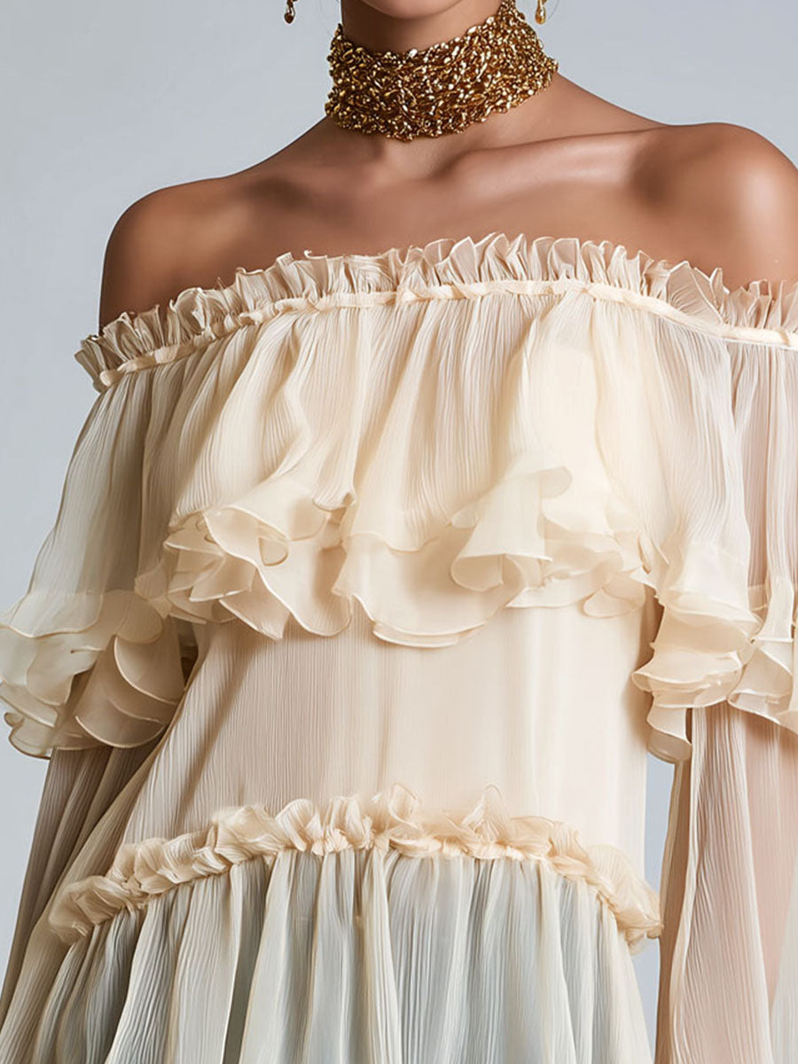 Quiet Luxury Champagne Off-Shoulder Ruffle Chiffon Blouse