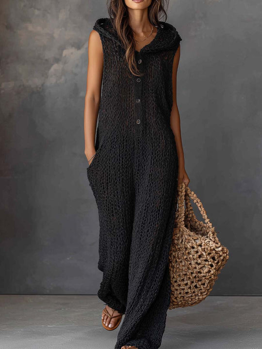 Retro Hooded Button-up Knitted Jumpsuit