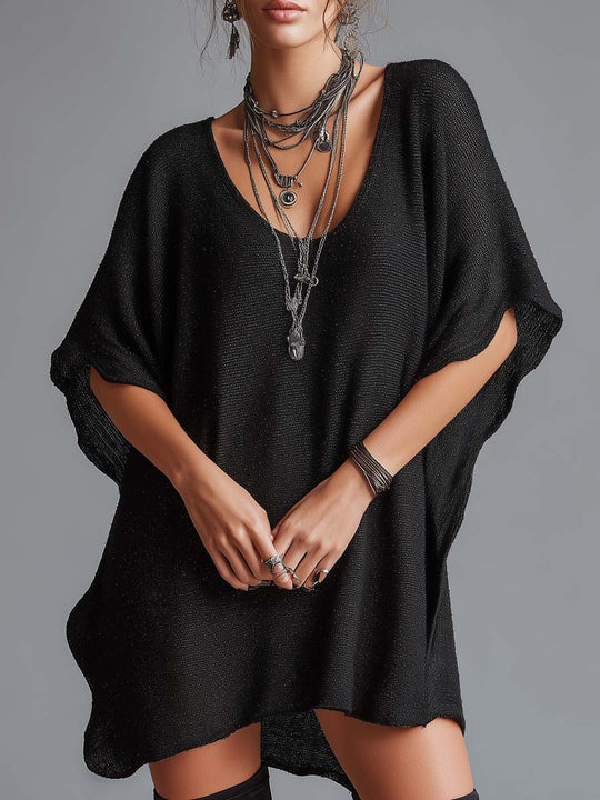 Retro Loose-fitting Batwing Sleeve Sparkly Knit Mini Dress