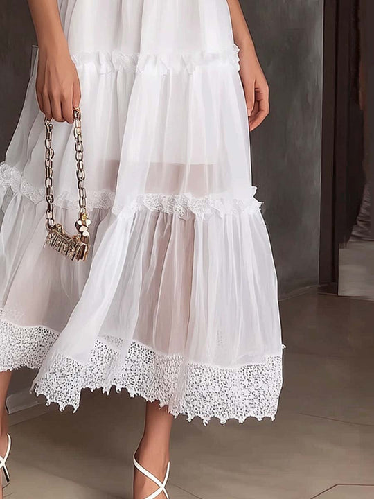 Bohemian Off-the-shoulder Lace-trimmed White Midi Dress