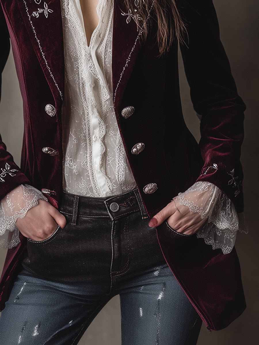 Elegant Puff Sleeve Embroidered Velveteen Jacket
