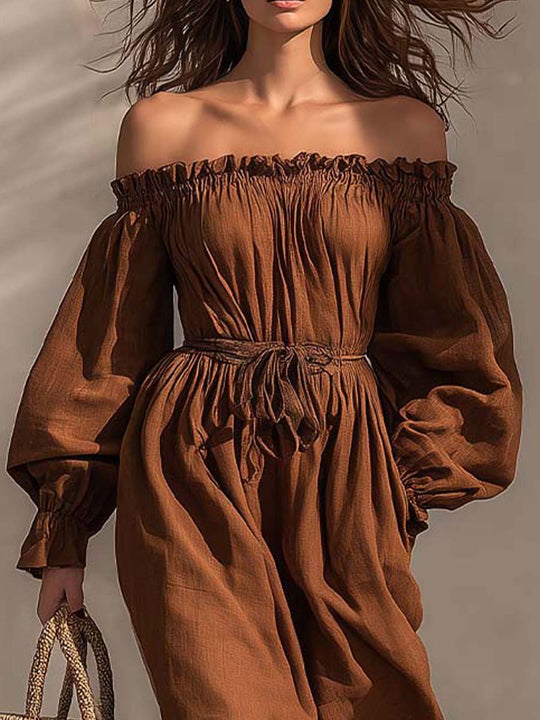 Burnt Caramel Off-Shoulder Boho Maxi Dress