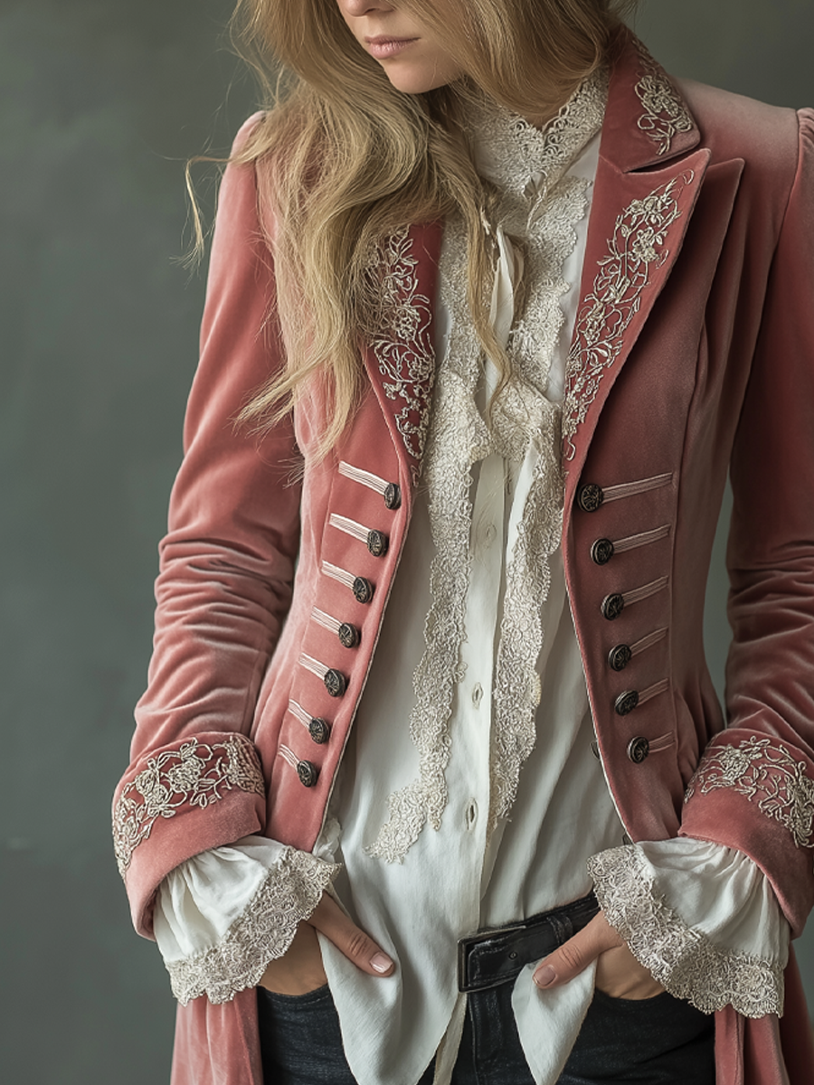 Retro Floral Embroidery Poly Velvet Coat