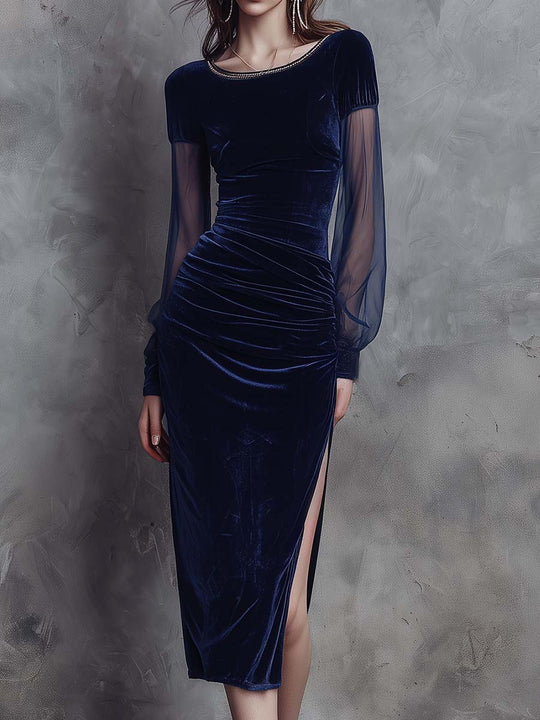 Velvet Midi Dress With Sheer Sleeves