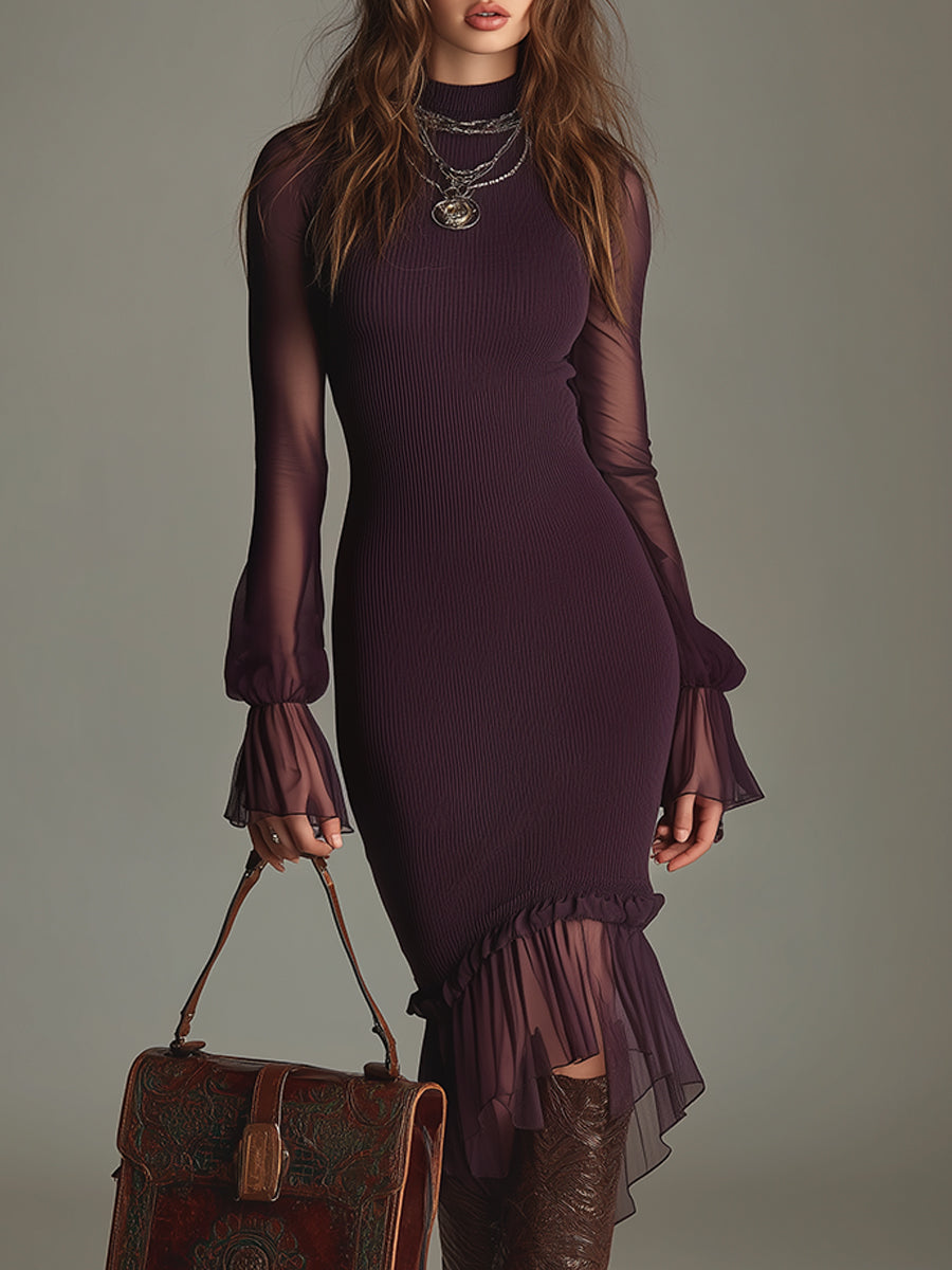 Vintage Flared Sleeve Chiffon And Knit Patchwork Slim-fit Midi Dress