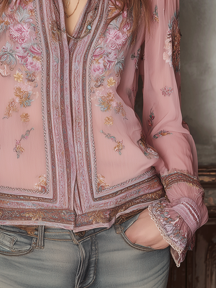 Romantic Boho Pink Floral Lace-Trim Blouse