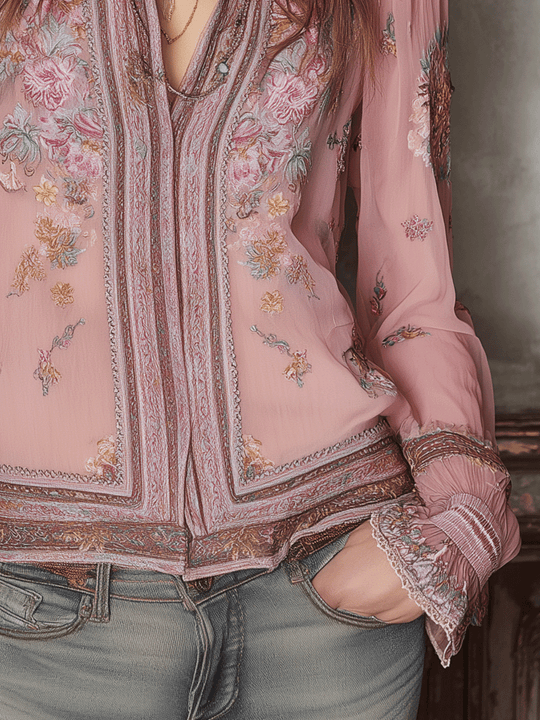 Romantic Boho Pink Floral Lace-Trim Blouse