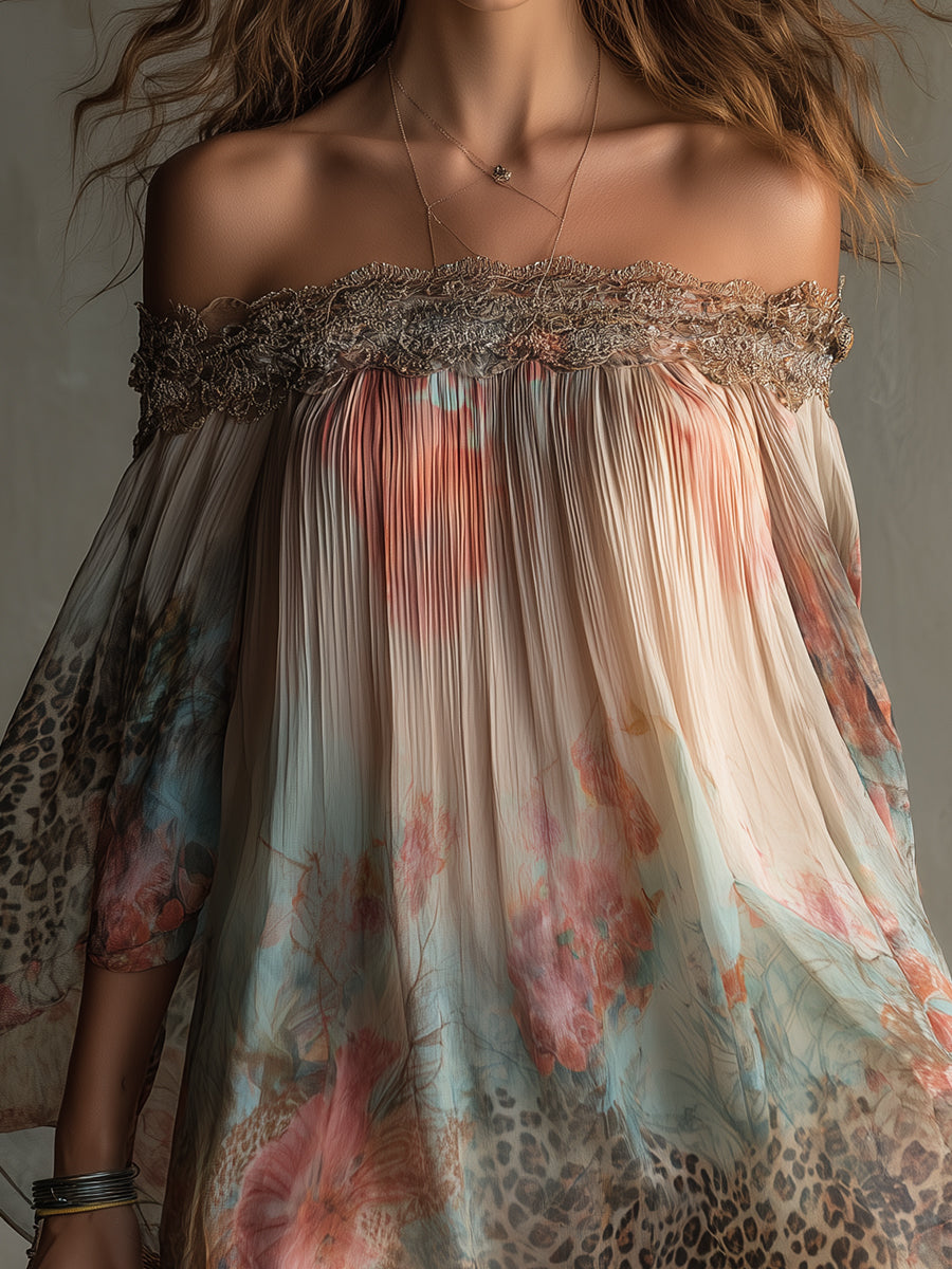 Bohemian Holiday Chiffon One-shoulder Lace Patchwork Leopard Print Mini Dress